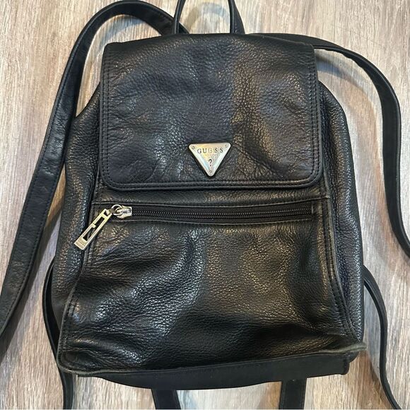 GUESS Back Pack Vintage Mini Leather Zip Pocket Black Travel Festival Y2K - Picture 2 of 11